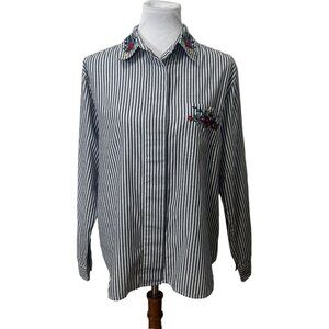 Hunts Point Womens 16 Striped‎ Floral Embroidered Button Up Shirt